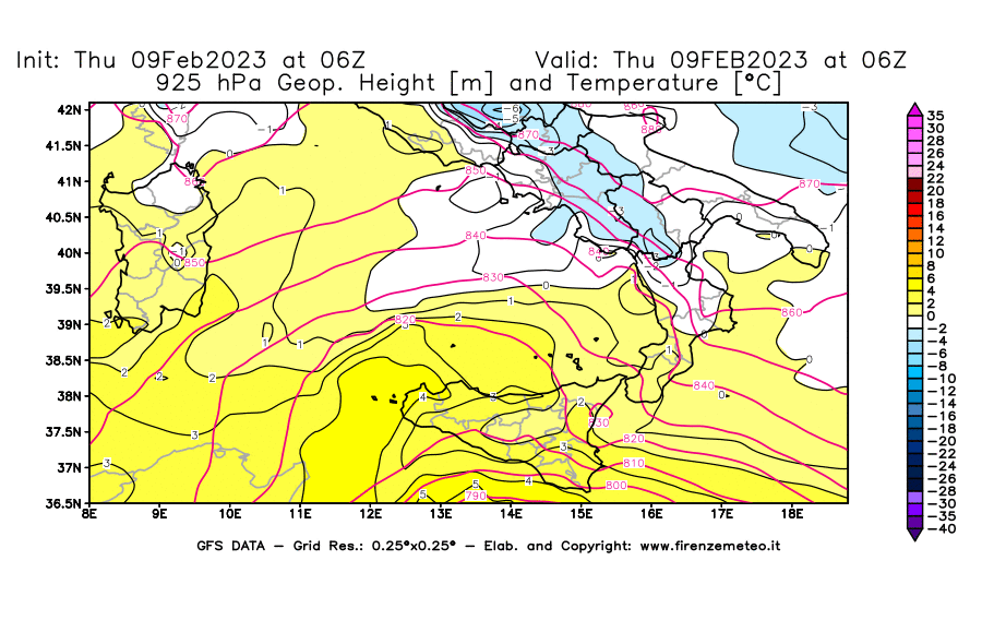 Mappa di analisi GFS - Geopotenziale [m] e Temperatura [°C] a 925 hPa in Sud-Italia
							del 09/02/2023 06 <!--googleoff: index-->UTC<!--googleon: index-->