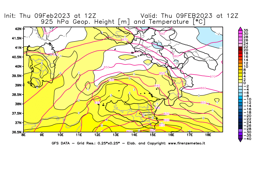 Mappa di analisi GFS - Geopotenziale [m] e Temperatura [°C] a 925 hPa in Sud-Italia
							del 09/02/2023 12 <!--googleoff: index-->UTC<!--googleon: index-->