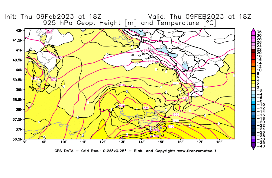 Mappa di analisi GFS - Geopotenziale [m] e Temperatura [°C] a 925 hPa in Sud-Italia
							del 09/02/2023 18 <!--googleoff: index-->UTC<!--googleon: index-->
