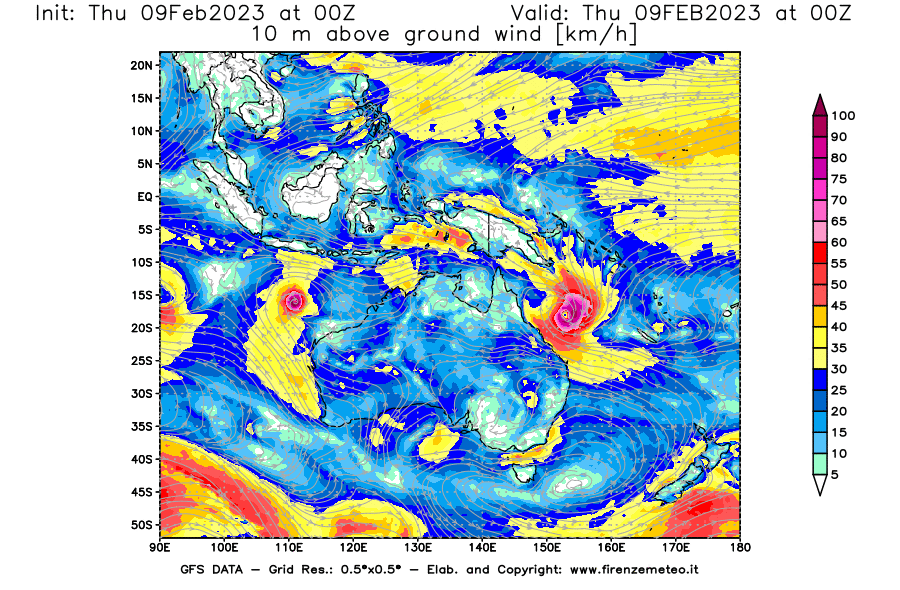 Mappa di analisi GFS - Velocità del vento a 10 metri dal suolo [km/h] in Oceania
							del 09/02/2023 00 <!--googleoff: index-->UTC<!--googleon: index-->