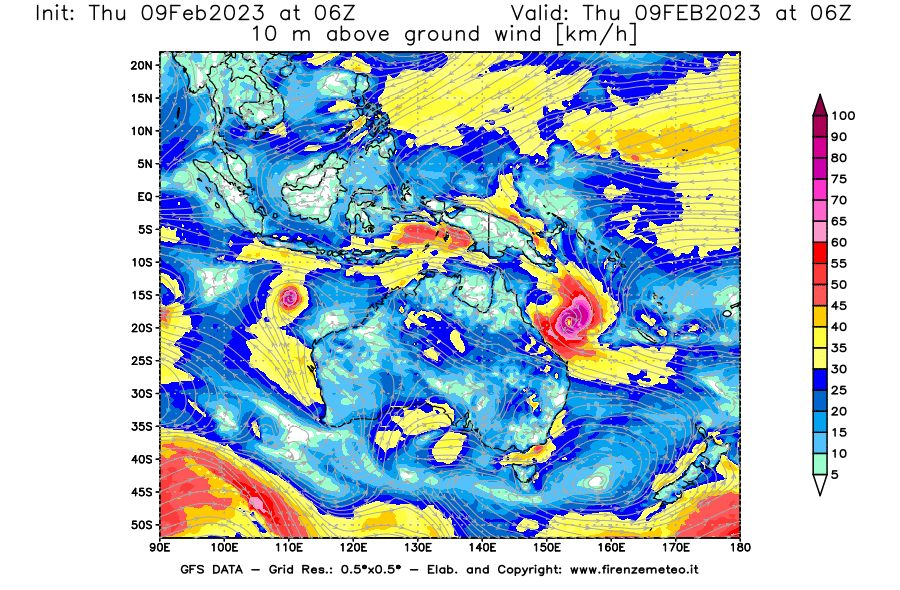 Mappa di analisi GFS - Velocità del vento a 10 metri dal suolo [km/h] in Oceania
							del 09/02/2023 06 <!--googleoff: index-->UTC<!--googleon: index-->