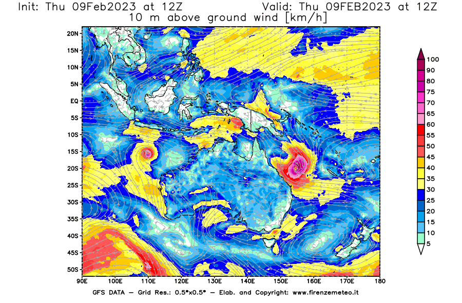 Mappa di analisi GFS - Velocità del vento a 10 metri dal suolo [km/h] in Oceania
							del 09/02/2023 12 <!--googleoff: index-->UTC<!--googleon: index-->