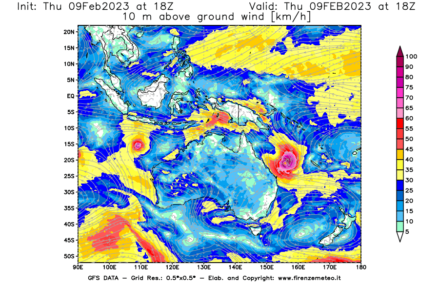 Mappa di analisi GFS - Velocità del vento a 10 metri dal suolo [km/h] in Oceania
							del 09/02/2023 18 <!--googleoff: index-->UTC<!--googleon: index-->