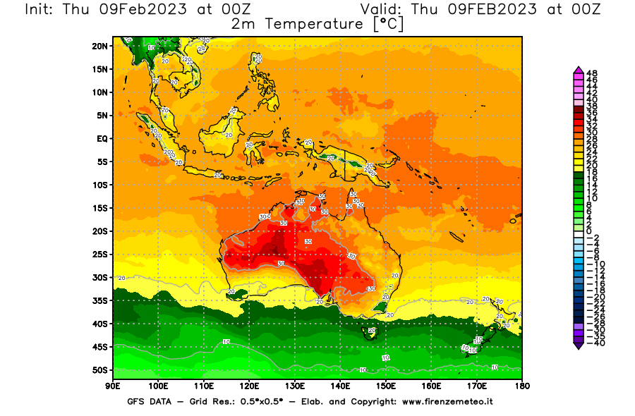 Mappa di analisi GFS - Temperatura a 2 metri dal suolo [°C] in Oceania
							del 09/02/2023 00 <!--googleoff: index-->UTC<!--googleon: index-->