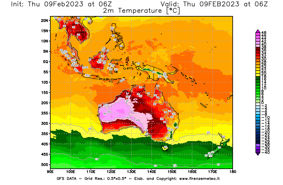Mappa di analisi GFS - Temperatura a 2 metri dal suolo [°C] in Oceania
							del 09/02/2023 06 <!--googleoff: index-->UTC<!--googleon: index-->