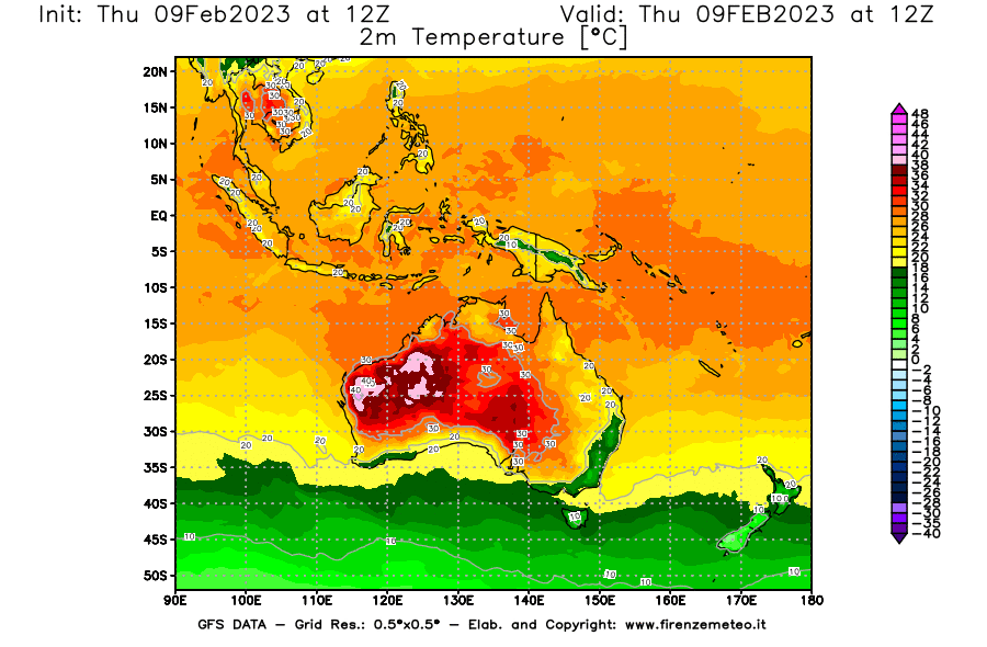Mappa di analisi GFS - Temperatura a 2 metri dal suolo [°C] in Oceania
							del 09/02/2023 12 <!--googleoff: index-->UTC<!--googleon: index-->