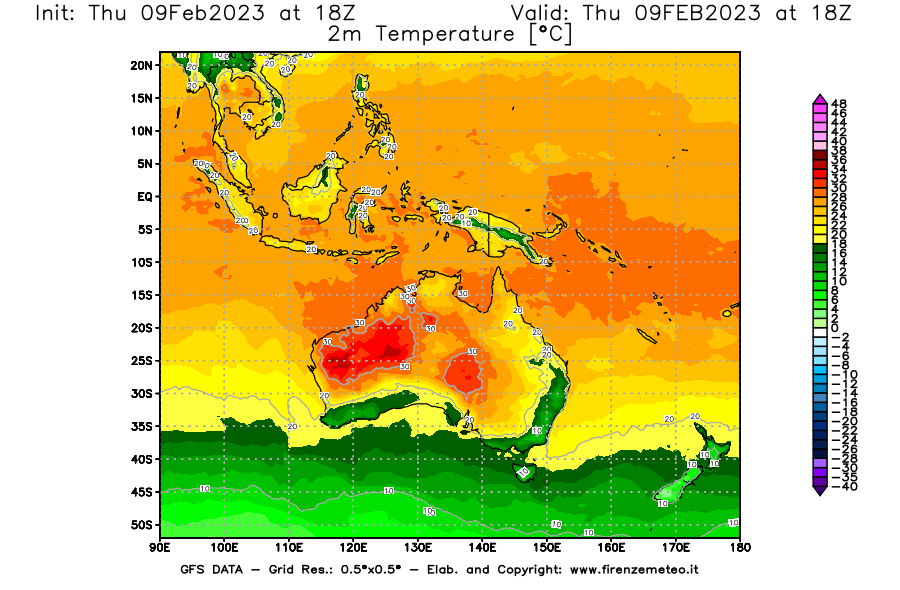 Mappa di analisi GFS - Temperatura a 2 metri dal suolo [°C] in Oceania
							del 09/02/2023 18 <!--googleoff: index-->UTC<!--googleon: index-->