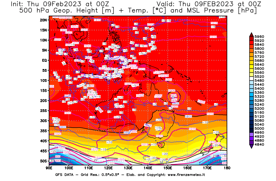 Mappa di analisi GFS - Geopotenziale [m] + Temp. [°C] a 500 hPa + Press. a livello del mare [hPa] in Oceania
							del 09/02/2023 00 <!--googleoff: index-->UTC<!--googleon: index-->