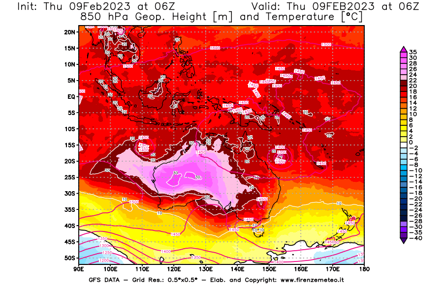 Mappa di analisi GFS - Geopotenziale [m] e Temperatura [°C] a 850 hPa in Oceania
							del 09/02/2023 06 <!--googleoff: index-->UTC<!--googleon: index-->