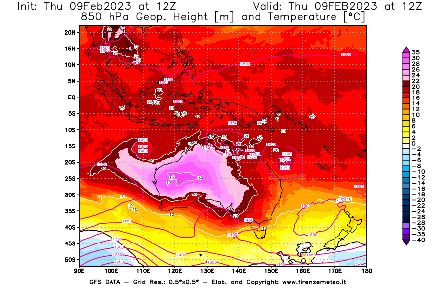 Mappa di analisi GFS - Geopotenziale [m] e Temperatura [°C] a 850 hPa in Oceania
							del 09/02/2023 12 <!--googleoff: index-->UTC<!--googleon: index-->