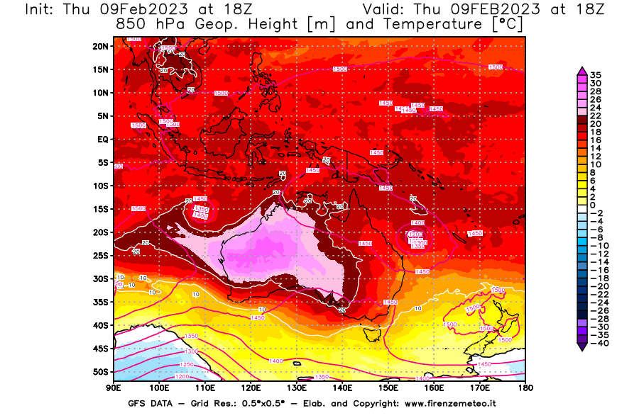Mappa di analisi GFS - Geopotenziale [m] e Temperatura [°C] a 850 hPa in Oceania
							del 09/02/2023 18 <!--googleoff: index-->UTC<!--googleon: index-->