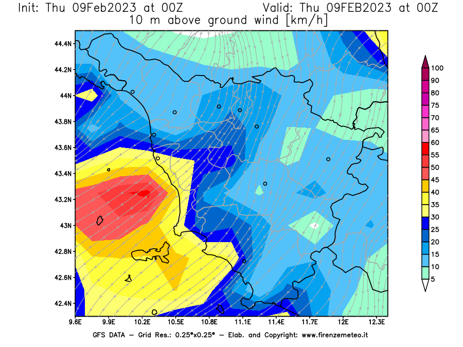 Mappa di analisi GFS - Velocità del vento a 10 metri dal suolo [km/h] in Toscana
							del 09/02/2023 00 <!--googleoff: index-->UTC<!--googleon: index-->
