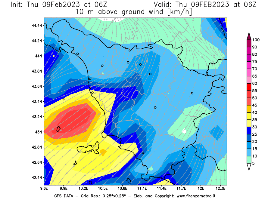 Mappa di analisi GFS - Velocità del vento a 10 metri dal suolo [km/h] in Toscana
							del 09/02/2023 06 <!--googleoff: index-->UTC<!--googleon: index-->