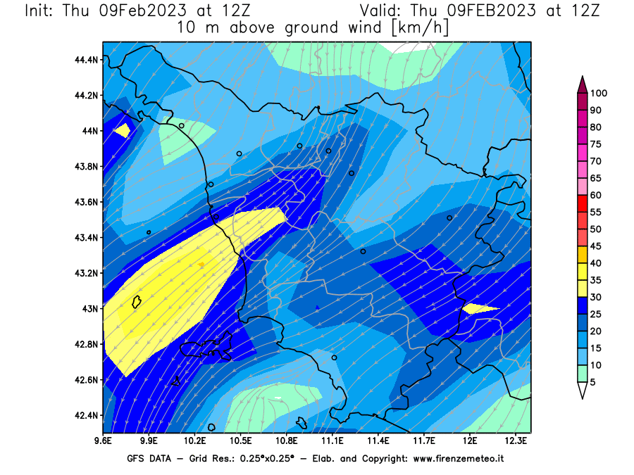 Mappa di analisi GFS - Velocità del vento a 10 metri dal suolo [km/h] in Toscana
							del 09/02/2023 12 <!--googleoff: index-->UTC<!--googleon: index-->