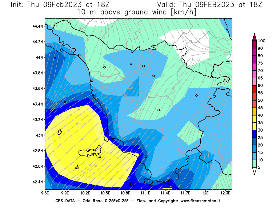Mappa di analisi GFS - Velocità del vento a 10 metri dal suolo [km/h] in Toscana
							del 09/02/2023 18 <!--googleoff: index-->UTC<!--googleon: index-->