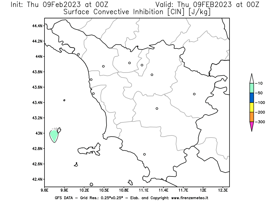 Mappa di analisi GFS - CIN [J/kg] in Toscana
							del 09/02/2023 00 <!--googleoff: index-->UTC<!--googleon: index-->
