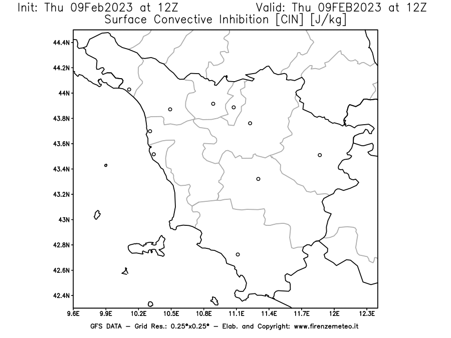 Mappa di analisi GFS - CIN [J/kg] in Toscana
							del 09/02/2023 12 <!--googleoff: index-->UTC<!--googleon: index-->