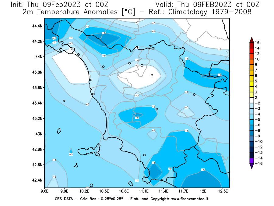 Mappa di analisi GFS - Anomalia Temperatura [°C] a 2 m in Toscana
							del 09/02/2023 00 <!--googleoff: index-->UTC<!--googleon: index-->