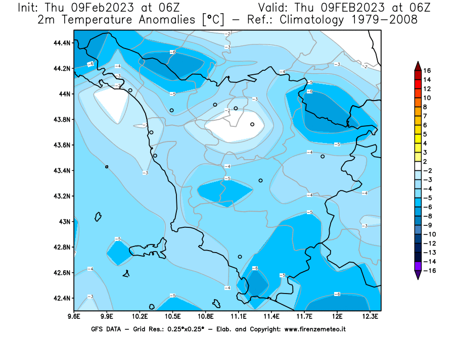 Mappa di analisi GFS - Anomalia Temperatura [°C] a 2 m in Toscana
							del 09/02/2023 06 <!--googleoff: index-->UTC<!--googleon: index-->
