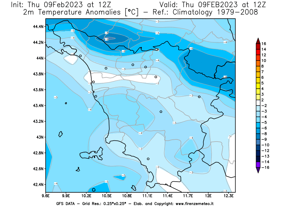 Mappa di analisi GFS - Anomalia Temperatura [°C] a 2 m in Toscana
							del 09/02/2023 12 <!--googleoff: index-->UTC<!--googleon: index-->