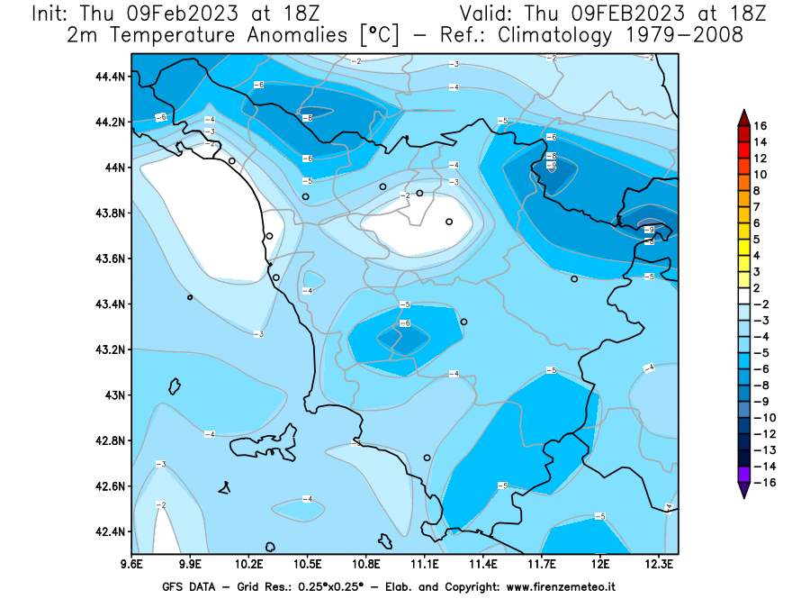 Mappa di analisi GFS - Anomalia Temperatura [°C] a 2 m in Toscana
							del 09/02/2023 18 <!--googleoff: index-->UTC<!--googleon: index-->