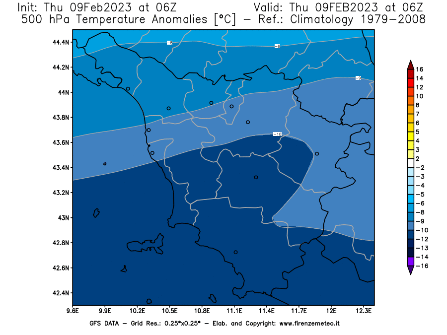 Mappa di analisi GFS - Anomalia Temperatura [°C] a 500 hPa in Toscana
							del 09/02/2023 06 <!--googleoff: index-->UTC<!--googleon: index-->