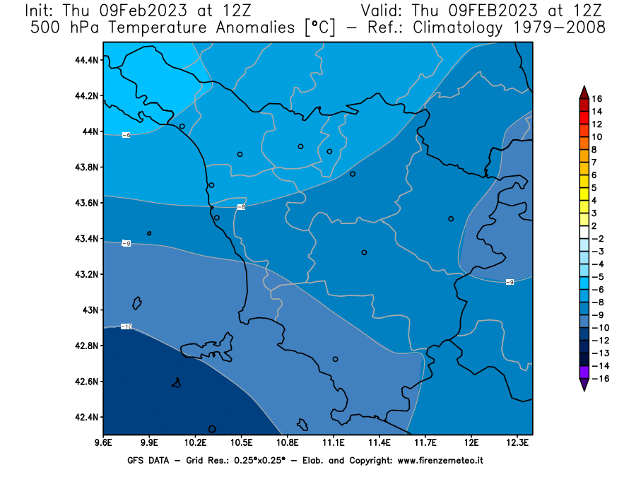 Mappa di analisi GFS - Anomalia Temperatura [°C] a 500 hPa in Toscana
							del 09/02/2023 12 <!--googleoff: index-->UTC<!--googleon: index-->