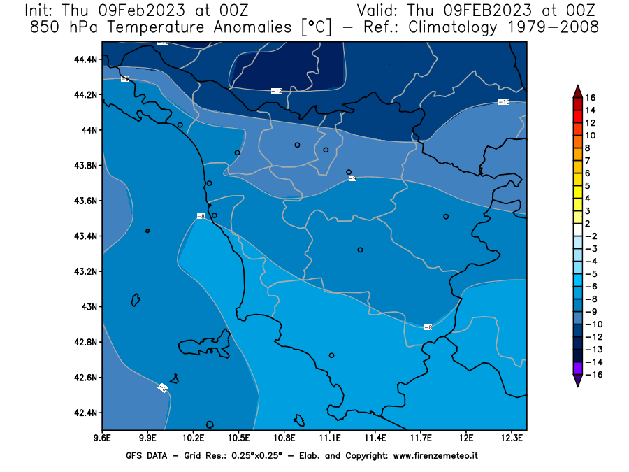 Mappa di analisi GFS - Anomalia Temperatura [°C] a 850 hPa in Toscana
							del 09/02/2023 00 <!--googleoff: index-->UTC<!--googleon: index-->