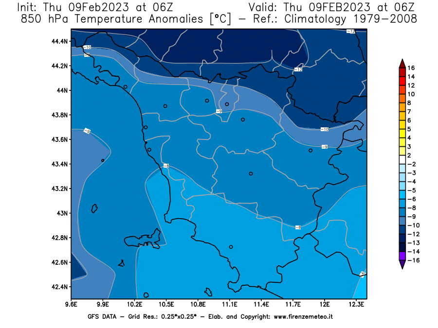 Mappa di analisi GFS - Anomalia Temperatura [°C] a 850 hPa in Toscana
							del 09/02/2023 06 <!--googleoff: index-->UTC<!--googleon: index-->