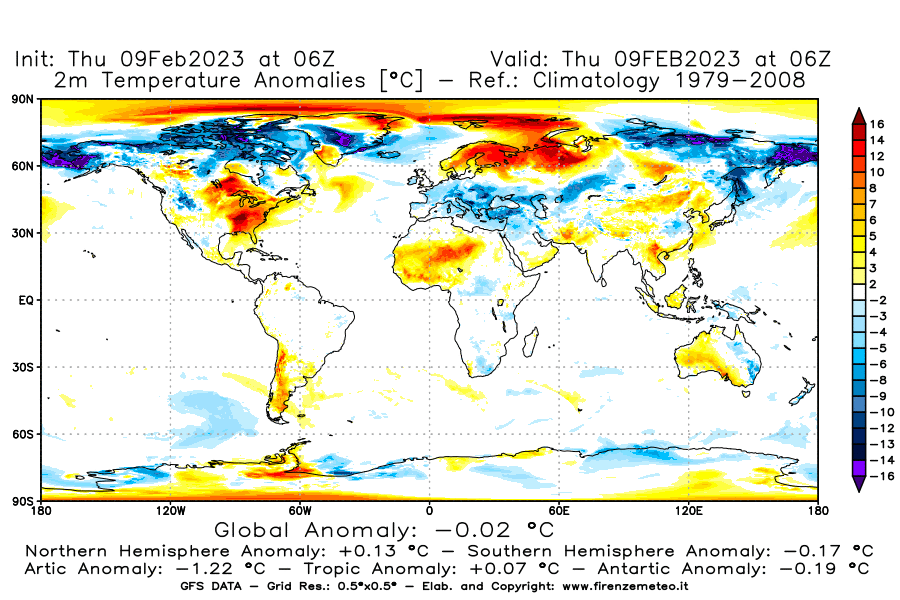Mappa di analisi GFS - Anomalia Temperatura [°C] a 2 m in World
							del 09/02/2023 06 <!--googleoff: index-->UTC<!--googleon: index-->
