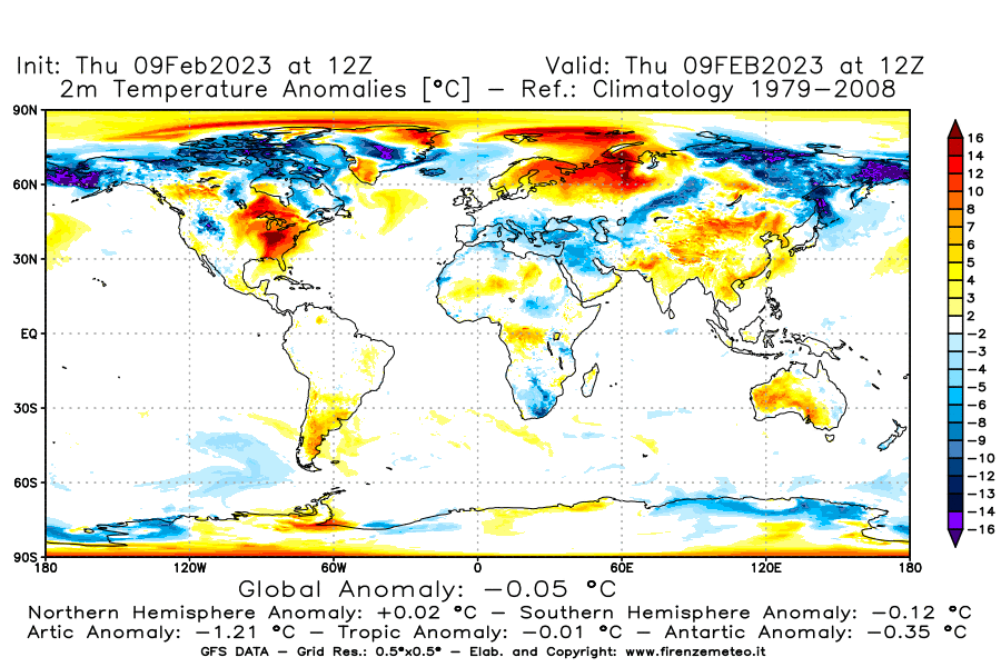 Mappa di analisi GFS - Anomalia Temperatura [°C] a 2 m in World
							del 09/02/2023 12 <!--googleoff: index-->UTC<!--googleon: index-->