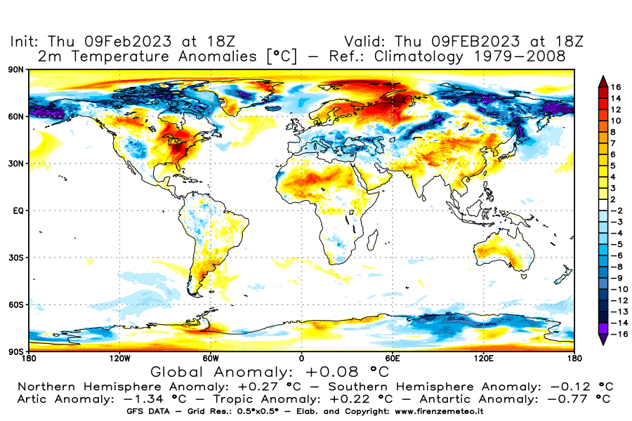 Mappa di analisi GFS - Anomalia Temperatura [°C] a 2 m in World
							del 09/02/2023 18 <!--googleoff: index-->UTC<!--googleon: index-->