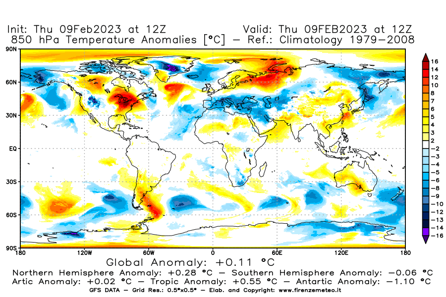 Mappa di analisi GFS - Anomalia Temperatura [°C] a 850 hPa in World
							del 09/02/2023 12 <!--googleoff: index-->UTC<!--googleon: index-->