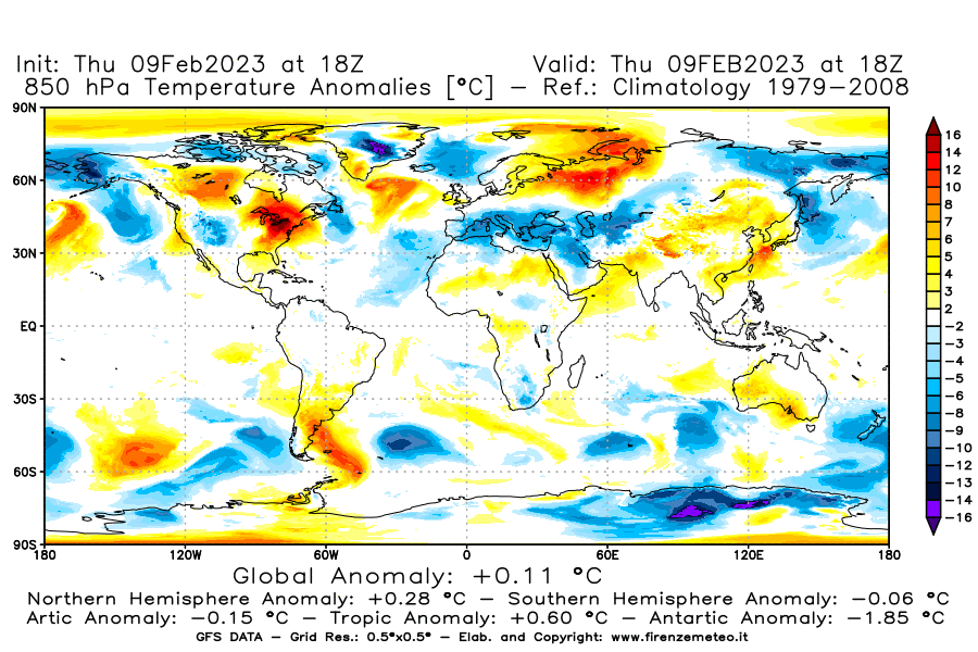 Mappa di analisi GFS - Anomalia Temperatura [°C] a 850 hPa in World
							del 09/02/2023 18 <!--googleoff: index-->UTC<!--googleon: index-->