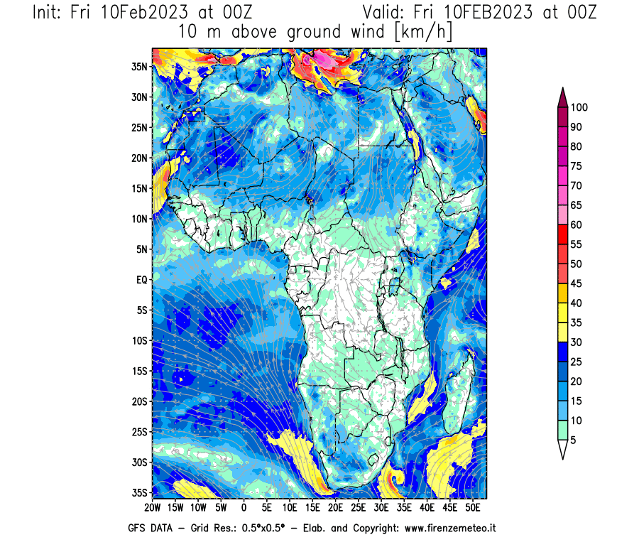 Mappa di analisi GFS - Velocità del vento a 10 metri dal suolo [km/h] in Africa
							del 10/02/2023 00 <!--googleoff: index-->UTC<!--googleon: index-->