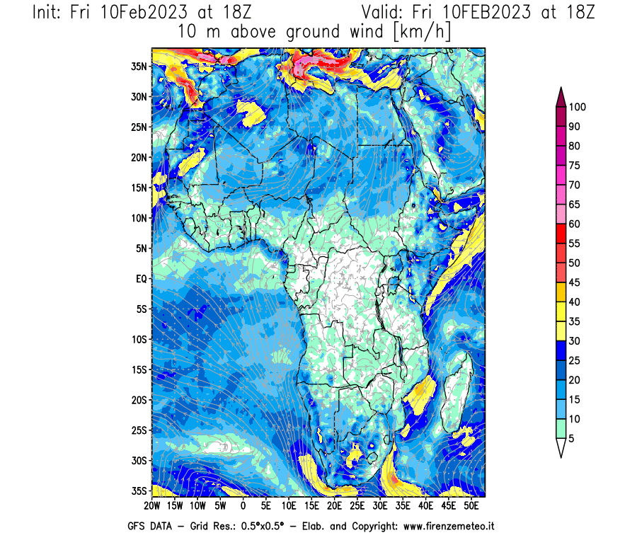 Mappa di analisi GFS - Velocità del vento a 10 metri dal suolo [km/h] in Africa
							del 10/02/2023 18 <!--googleoff: index-->UTC<!--googleon: index-->