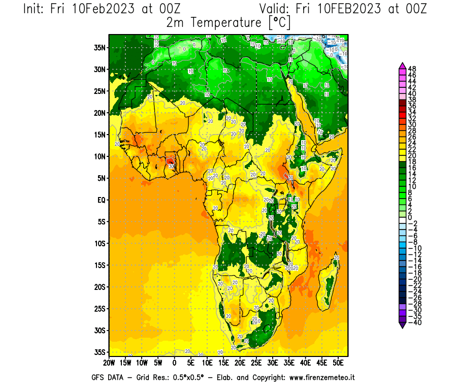 Mappa di analisi GFS - Temperatura a 2 metri dal suolo [°C] in Africa
							del 10/02/2023 00 <!--googleoff: index-->UTC<!--googleon: index-->