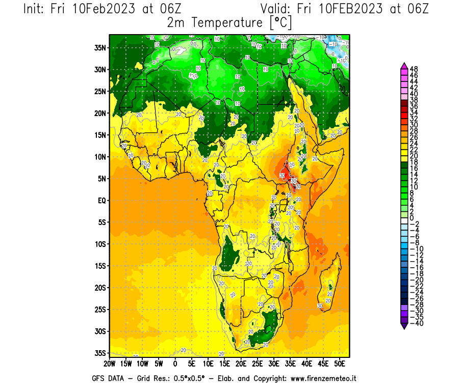 Mappa di analisi GFS - Temperatura a 2 metri dal suolo [°C] in Africa
							del 10/02/2023 06 <!--googleoff: index-->UTC<!--googleon: index-->