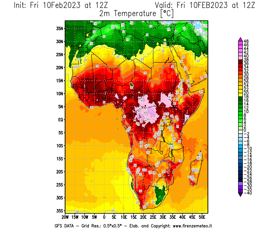 Mappa di analisi GFS - Temperatura a 2 metri dal suolo [°C] in Africa
							del 10/02/2023 12 <!--googleoff: index-->UTC<!--googleon: index-->