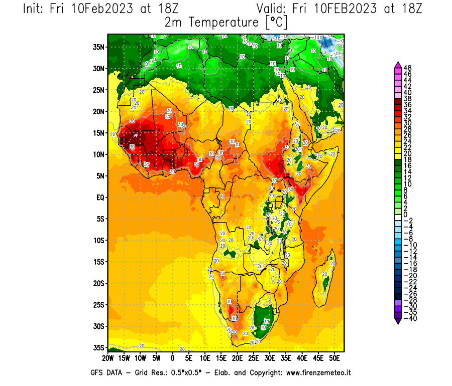 Mappa di analisi GFS - Temperatura a 2 metri dal suolo [°C] in Africa
							del 10/02/2023 18 <!--googleoff: index-->UTC<!--googleon: index-->
