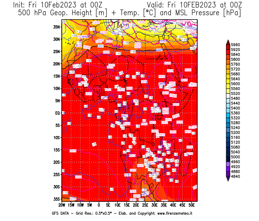 Mappa di analisi GFS - Geopotenziale [m] + Temp. [°C] a 500 hPa + Press. a livello del mare [hPa] in Africa
							del 10/02/2023 00 <!--googleoff: index-->UTC<!--googleon: index-->