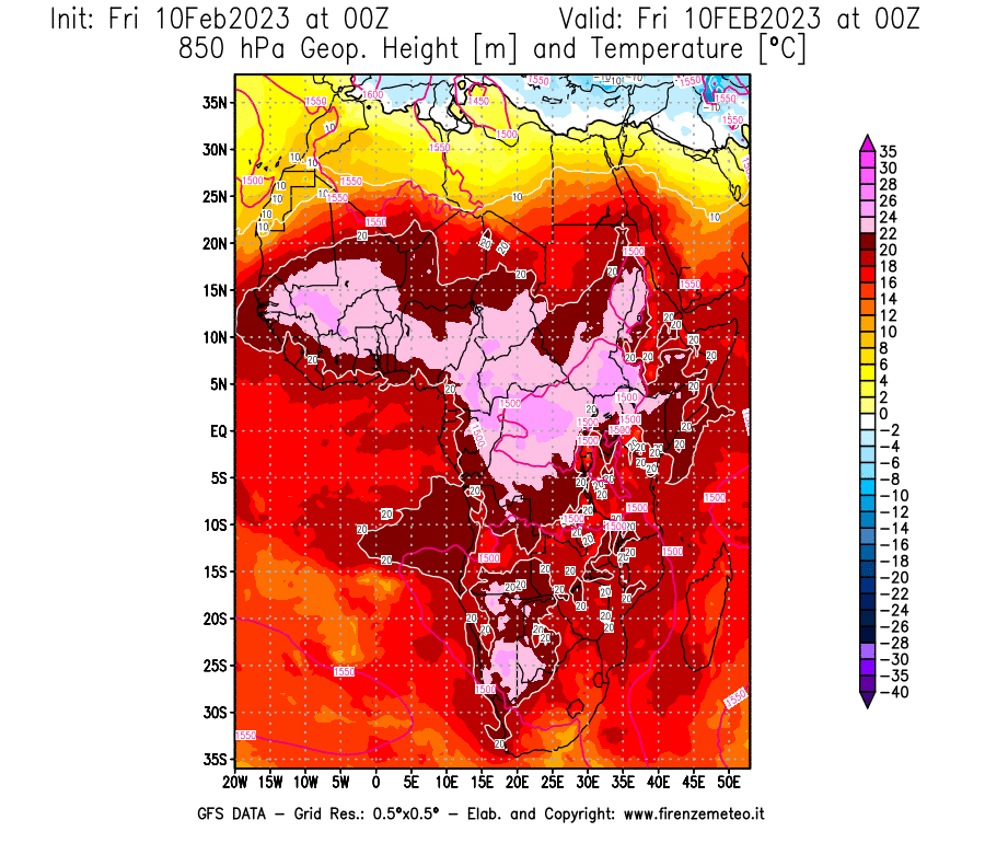 Mappa di analisi GFS - Geopotenziale [m] e Temperatura [°C] a 850 hPa in Africa
							del 10/02/2023 00 <!--googleoff: index-->UTC<!--googleon: index-->