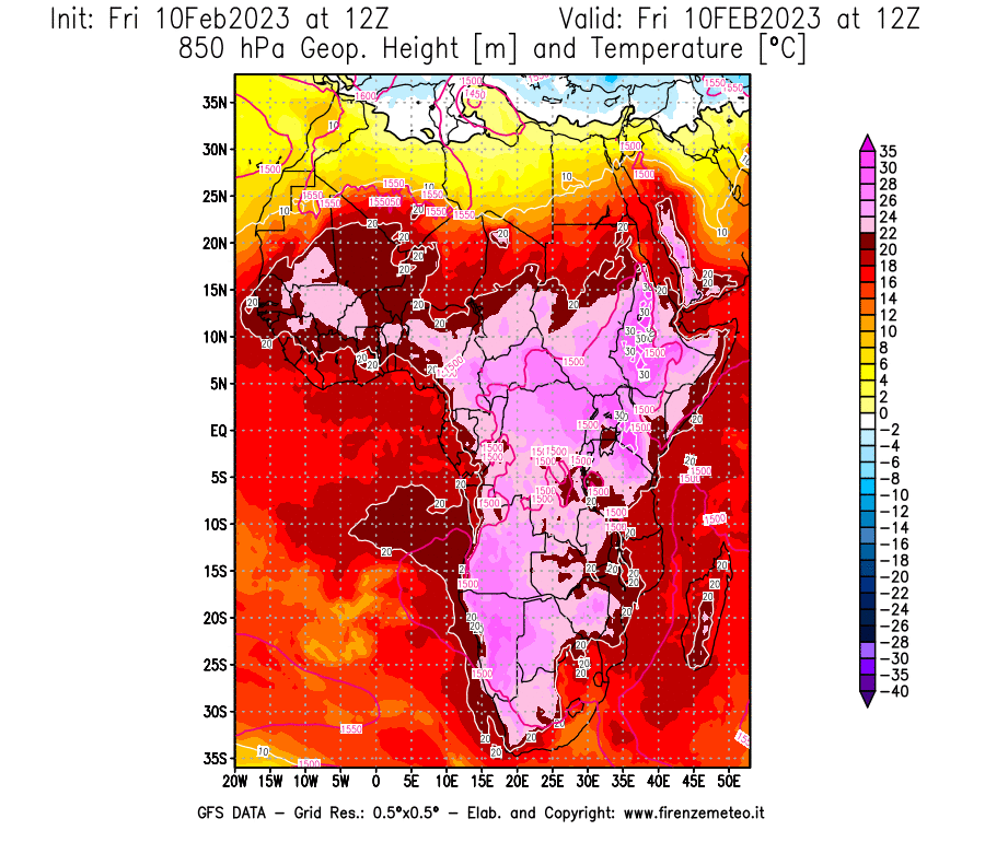 Mappa di analisi GFS - Geopotenziale [m] e Temperatura [°C] a 850 hPa in Africa
							del 10/02/2023 12 <!--googleoff: index-->UTC<!--googleon: index-->