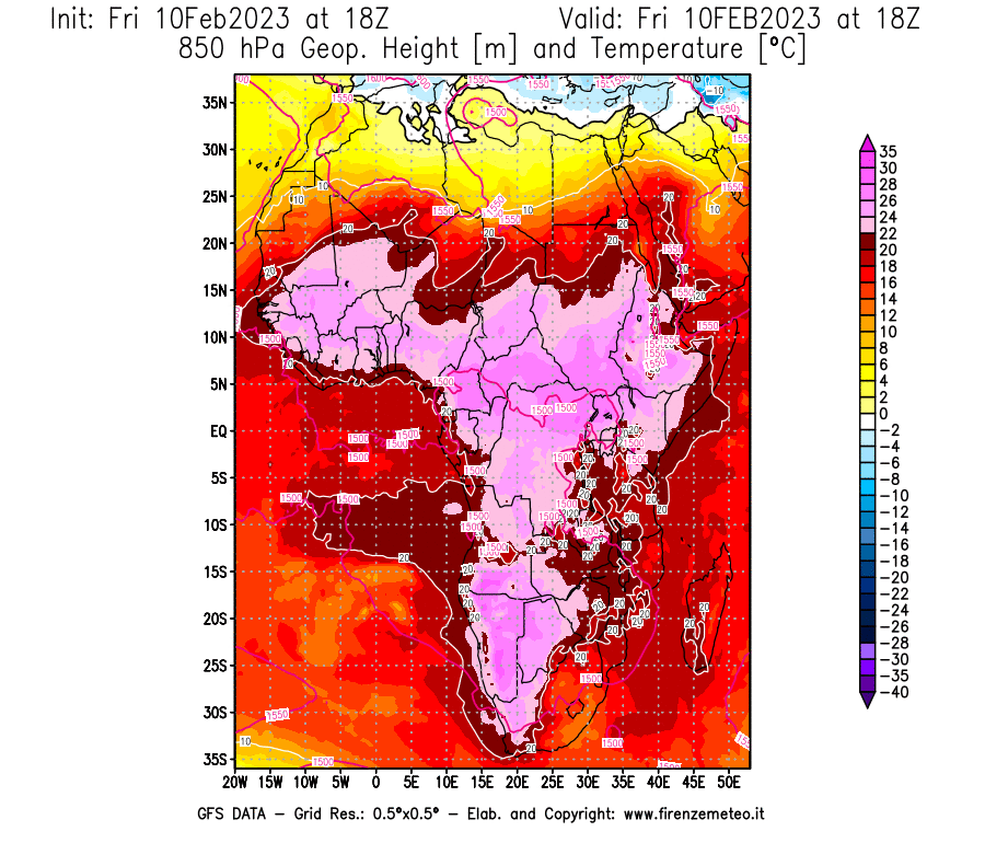 Mappa di analisi GFS - Geopotenziale [m] e Temperatura [°C] a 850 hPa in Africa
							del 10/02/2023 18 <!--googleoff: index-->UTC<!--googleon: index-->