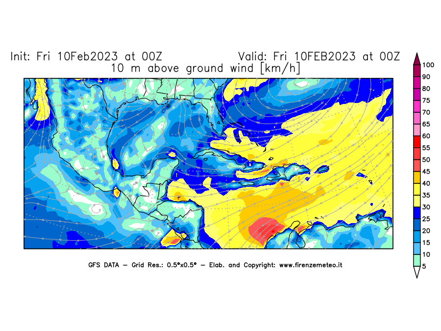 Mappa di analisi GFS - Velocità del vento a 10 metri dal suolo [km/h] in Centro-America
							del 10/02/2023 00 <!--googleoff: index-->UTC<!--googleon: index-->