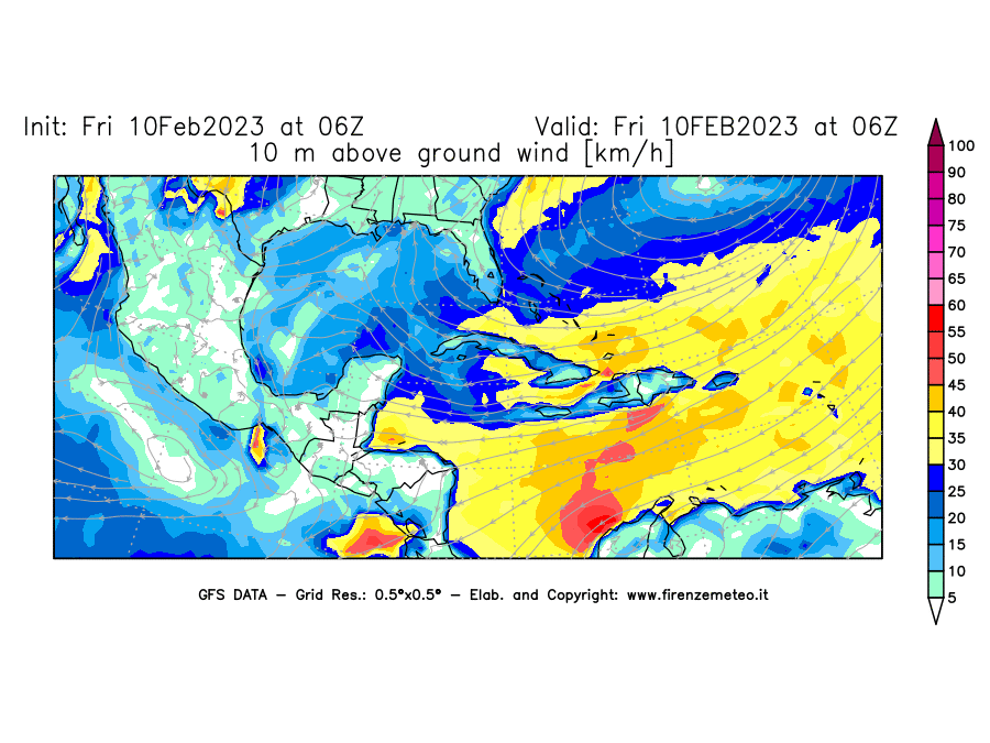 Mappa di analisi GFS - Velocità del vento a 10 metri dal suolo [km/h] in Centro-America
							del 10/02/2023 06 <!--googleoff: index-->UTC<!--googleon: index-->