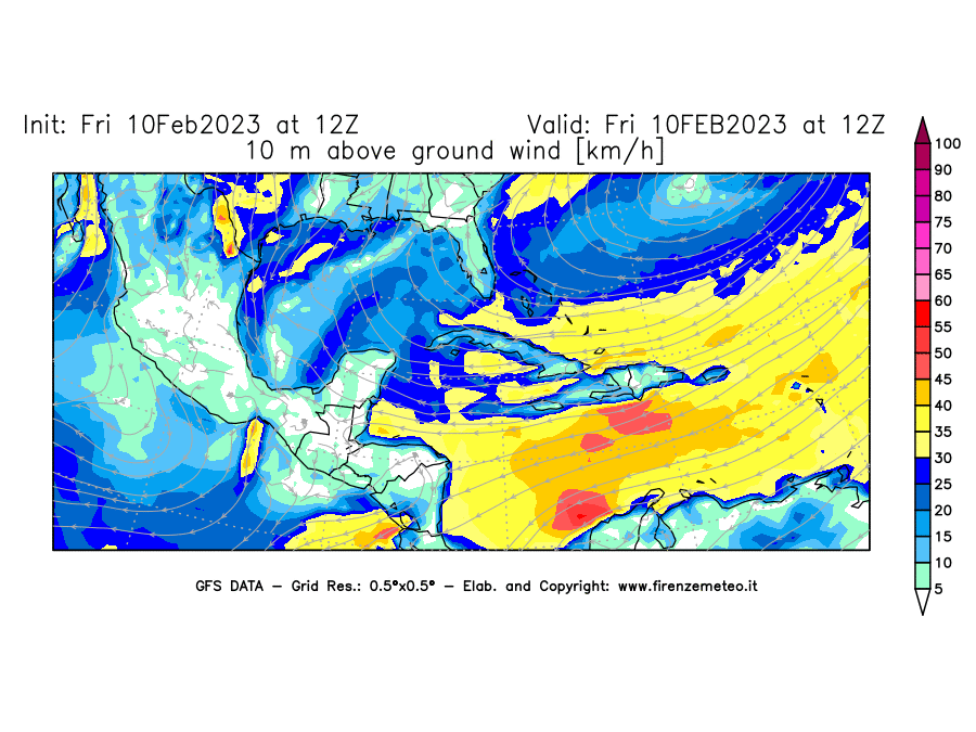 Mappa di analisi GFS - Velocità del vento a 10 metri dal suolo [km/h] in Centro-America
							del 10/02/2023 12 <!--googleoff: index-->UTC<!--googleon: index-->