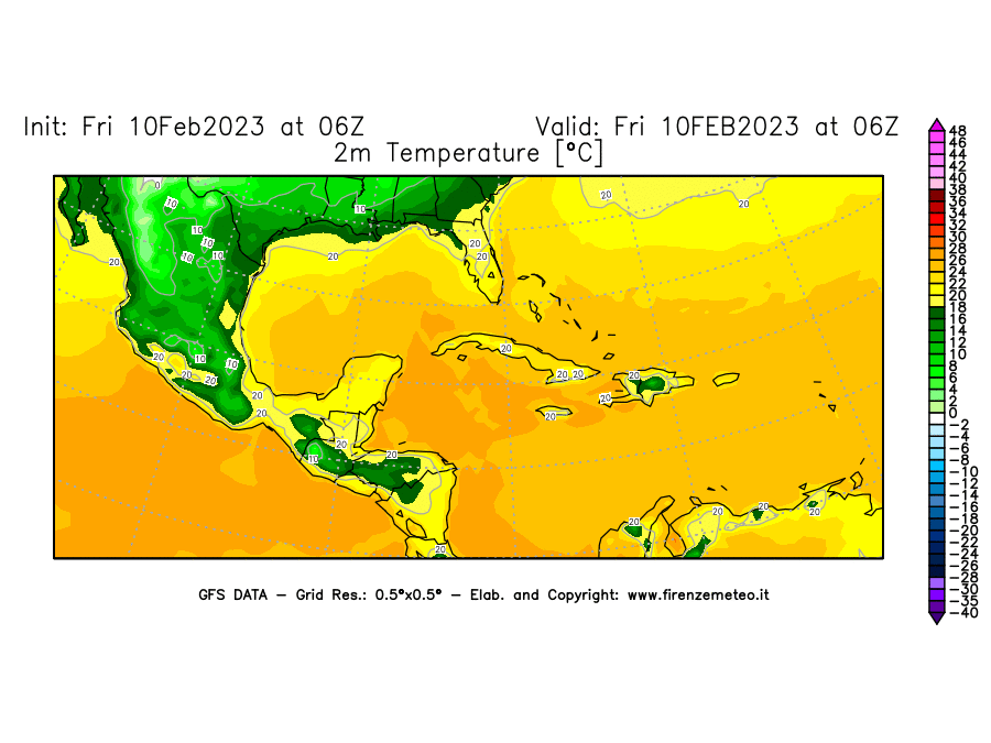 Mappa di analisi GFS - Temperatura a 2 metri dal suolo [°C] in Centro-America
							del 10/02/2023 06 <!--googleoff: index-->UTC<!--googleon: index-->