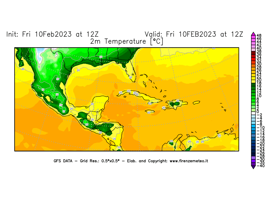 Mappa di analisi GFS - Temperatura a 2 metri dal suolo [°C] in Centro-America
							del 10/02/2023 12 <!--googleoff: index-->UTC<!--googleon: index-->