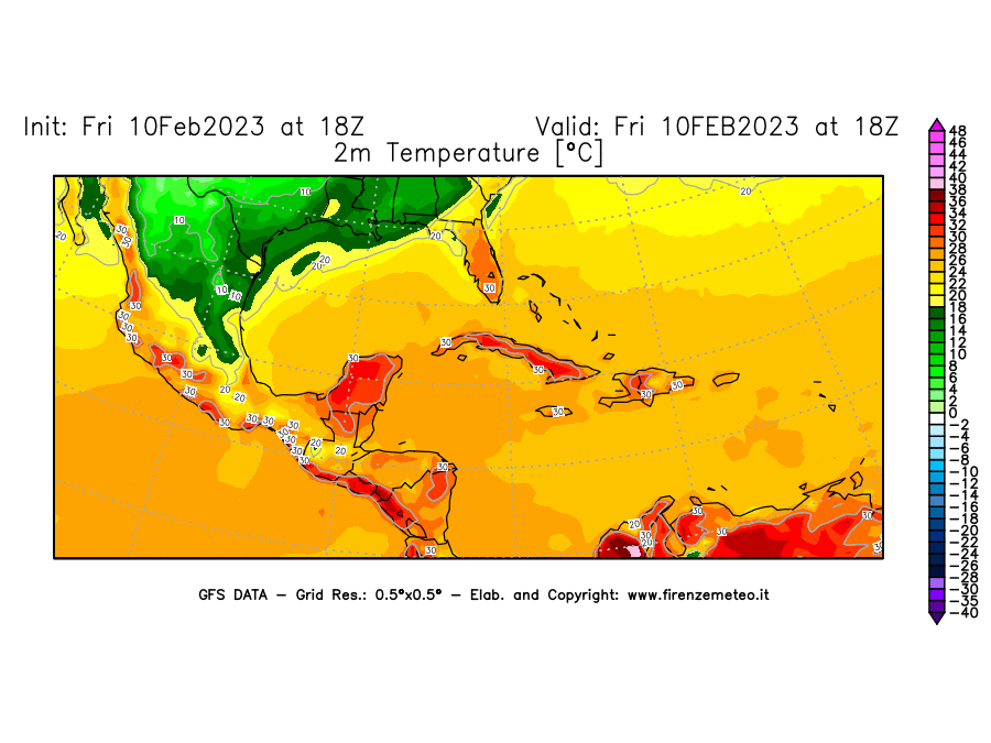 Mappa di analisi GFS - Temperatura a 2 metri dal suolo [°C] in Centro-America
							del 10/02/2023 18 <!--googleoff: index-->UTC<!--googleon: index-->